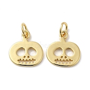 Rack Plating Brass Charms, with Jump Ring, Lead Free & Cadmium Free, Long-Lasting Plated, Skull Pumpkin Charm, Real 18K Gold Plated, 13x12x1mm, Hole: 3.5mm(KK-D047-04G)