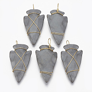 Non-magnetic Synthetic Hematite Pendants, with Golden Tone Brass Findings, Matte Style, Arrows, 46x24~25x9mm, Hole: 5~6x4~5mm(G-T094-03)