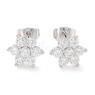 Brass Micro Pave Cubic Zirconia Stud Earrings, Snowflake Jewelry for Women, Platinum, 9.5x11mm(EJEW-P247-05P-01)