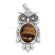 Natural Tiger Eye Big Pendants, with Alloy Findings, Owl, Antique Silver, 56x27.5x7.5mm, Hole: 3.5x7.5mm(G-S246-01D)