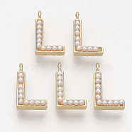 Eco-Friendly Alloy Pendants, with ABS Plastic Imitation Pearl Beads, Letter, Light Gold, Letter.L, 19x11.5x6mm, Hole: 2mm(PALLOY-R110-27)