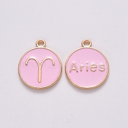 Alloy Enamel Pendants, Cadmium Free & Lead Free, Flat Round with Constellation, Light Gold, Pink, Aries, 15x12x2mm, Hole: 1.5mm(ENAM-S124-01B-09A)