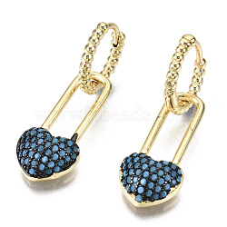 Brass Micro Pave Cubic Zirconia Dangle Huggie Hoop Earrings, Nickel Free, Heart, Real 16K Gold Plated, Sky Blue, 29mm, Pin: 1mm(EJEW-S208-109A-NF)