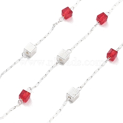 Handmade Brass & Glass Bead Chains, for Necklaces Bracelets Making, Long-Lasting Plated, Soldered, with Spool, Red, 2x0.8x0.3mm, about 16.40 Feet(5m)/Roll(CHC-L051-07S-02)