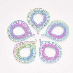 Ion Plating(IP) 201 Stainless Steel Filigree Pendants, Etched Metal Embellishments, teardrop, with Floral, Rainbow Color, 40x32.5x0.2mm, Hole: 1.8mm(STAS-S108-34)