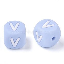 Food Grade Eco-Friendly Silicone Beads, Horizontal Hole, Chewing Beads For Teethers, DIY Nursing Necklaces Making, Letter Style, Cube, Light Sky Blue, Letter.V, 10x10x10mm, Hole: 2mm(SIL-R011-10mm-02V)