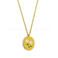 Birth Month Flower Style Titanium Steel Oval Pendant Necklace, Golden, April Daisy, 15.75 inch(40cm)(PW-WG38206-04)
