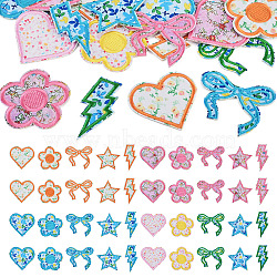 8 Bags 4 Colors  Polyester Embroider Self-adhesion Thread Iron on/Sew On Patches, Cloth Appliques, Mixed Shapes with Floral Pattern, Mixed Color, 57~66x33~66x1.6mm, 5pcs/bag, 2 bags/color(PATC-TA0001-51)