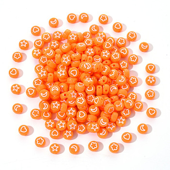 Opaque Acrylic Beads, Flat Round with White Heart & Flower & Moon & Star, Orange, 7x4mm, Hole: 1.6mm, 200pcs/set