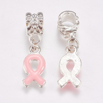 Metal Alloy European Dangle Pendants, Breast Cancer Pink Awareness Ribbon, with Enamel, 27mm