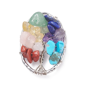 Gemstone Copper Wire Wrapped Chips Pendants, Synthetic Howlite, Natural Red Jasper & Aventurine & Lapis Lazuli & Rose Quartz & Amethyst & Citrine, Golden, Oval with Tree, 30.5x22x7mm, Hole: 1x2.8mm