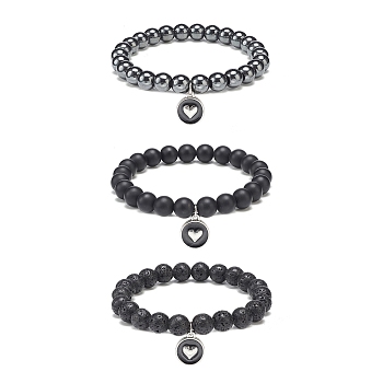 3Pcs 3 Style Natural Black Agate(Dyed) & Lava Rock & Synthetic Hematite Round Beaded Stretch Bracelets Set, Alloy Enamel Heart Charms Stackable Bracelets for Men Women, Inner Diameter: 2-1/8 inch(5.3cm), 1Pc/style