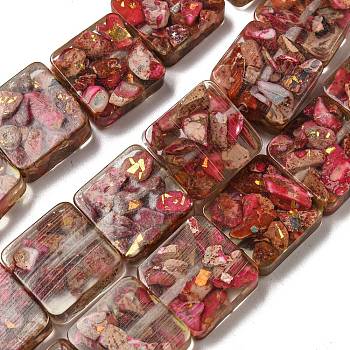 Dyed Natural Imperial Jasper with Resin Beads Strands, Square, Cerise, 16x16x6mm, Hole: 1.6mm, about 11pcs/strand, 6.97 inch(17.7cm)