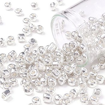 6/0 Glass Seed Beads, Metallic Colours Style, Round, Silver, 6/0, 4mm, Hole: 1.5mm, about 4500pcs/pound