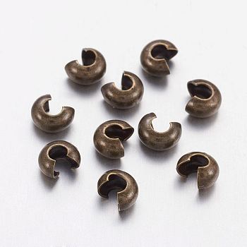 Brass Crimp Beads Covers, Nickel Free, Antique Bronze Color, Size: About 5mm In Diameter, Hole: 1.5~1.8mm