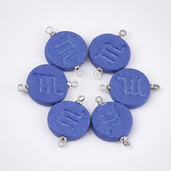 Handmade Porcelain Links connectors, Frosted, with Brass Findings, Flat Round with Constellation, Platinum, Blue, Scorpio, 22x15~15.5x3mm, Hole: 1.5mm