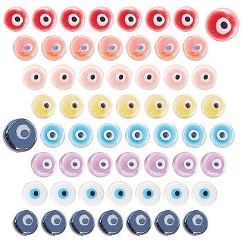 PandaHall Elite 64Pcs 8 Colors Handmade Porcelain Beads, Bright Glazed Porcelain, Flat Round with Evil Eye, Mixed Color, 8x5mm, Hole: 1.5mm