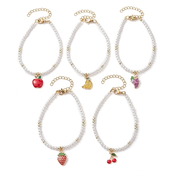 Fruit Alloy Enamel Charm Bracelets, with Shell Pearl Beaded, Mixed Color, 6-7/8 inch(17.4cm)