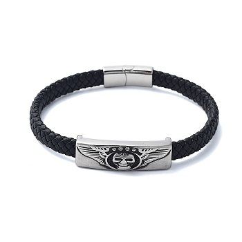 Men's Braided Black PU Leather Cord Bracelets, Skull Wing 304 Stainless Steel Link Bracelets with Magnetic Clasps, Antique Silver, 8-5/8x1/2 inch(22x1.2cm)