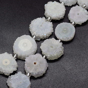 Natural Druzy Quartz Crystal Beads Strands, Solar Quartz, Dyed, Nuggets, White, 14~22x13~20x4~6mm, Hole: 1.5~2mm, about 9~12pcs/strand, 7.7~7.9 inch(19.5~20cm)