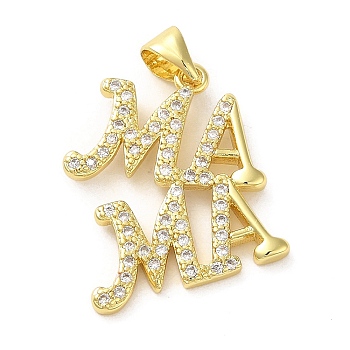 Brass Micro Pave Clear Cubic Zirconia Pendants, Words, Real 16K Gold Plated, 20.5x18x2mm, Hole: 4.5x3.5mm