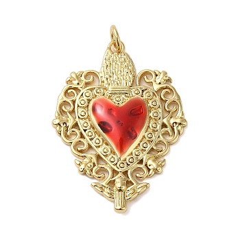 Rack Plating Brass Enamel Pendants, with Jump Ring, Cadmium Free & Lead Free, Heart Charm, Real 18K Gold Plated, 32.5x24x3.5mm, Hole: 4mm