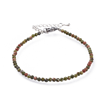 Natural Unakite Bead Bracelets, with 304 Stainless Steel Lobster Claw Clasps and Brass Extender Chains, Faceted, 7-1/4 inch(18.5cm)