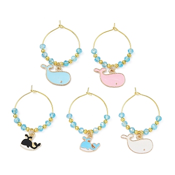 Whale Alloy Enamel Wine Glass Charms Sets, with Glass Beads and Brass Hoop Earrings Findings, Mixed Color, 42mm