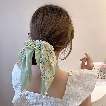 Flower Pattern Polyester Elastic Hair Accessories, for Girls or Women, with Plastic Imitation Pearl Bead, Scrunchie/Scrunchy Hair Ties with Long Tail, Knotted Bow Hair Scarf, Dark Sea Green, 210mm