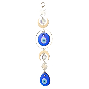 Handmade Lampwork Flat Round & Teardrop with Evil Eye Hanging Suncatchers, Brass Sun Moon for Outdoor Garden Decor, Golden, 216x50mm