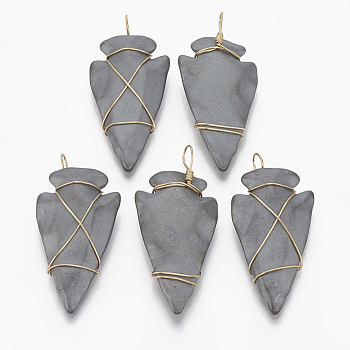 Non-magnetic Synthetic Hematite Pendants, with Golden Tone Brass Findings, Matte Style, Arrows, 46x24~25x9mm, Hole: 5~6x4~5mm