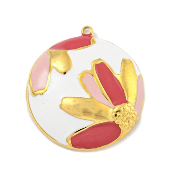 Ion Plating(IP) 304 Stainless Steel Pendants, with Enamel, Real 18K Gold Plated, Half Round with Flower Charm, Indian Red, 26.5x24x5.5mm, Hole: 1.5mm