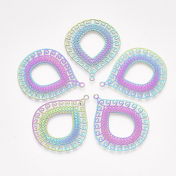 Ion Plating(IP) 201 Stainless Steel Filigree Pendants, Etched Metal Embellishments, teardrop, with Floral, Rainbow Color, 40x32.5x0.2mm, Hole: 1.8mm