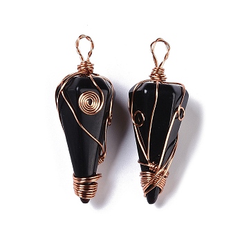 Natural Obsidian Copper Wire Wrapped Big Pendants, Faceted Cone Charms, Rose Gold, 50~50.5x16.5x18~19mm, Hole: 8x3.5~4mm

