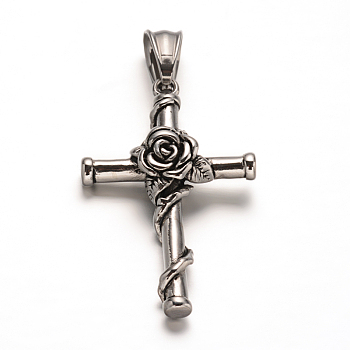 304 Stainless Steel Gothic Pendants, Cross with Flower, Antique Silver, 40.5x25.5x8mm, Hole: 9x5mm
