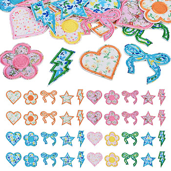 8 Bags 4 Colors  Polyester Embroider Self-adhesion Thread Iron on/Sew On Patches, Cloth Appliques, Mixed Shapes with Floral Pattern, Mixed Color, 57~66x33~66x1.6mm, 5pcs/bag, 2 bags/color