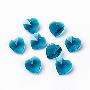 Romantic Valentines Ideas Glass Charms, Faceted Heart Pendants, Cyan, 18x18x10mm, Hole: 1mm(X-G030V18mm-23)