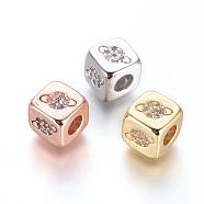Brass Beads, with Micro Pave Cubic Zirconia, Cube with Planet, Clear, Mixed Color, 6x6x6mm, Hole: 3mm(KK-I657-10)
