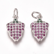Brass Micro Pave Cubic Zirconia Charms, with Jump Rings, Strawberry, Magenta, Platinum, 13x8x3mm, Hole: 3mm(ZIRC-I038-08P)