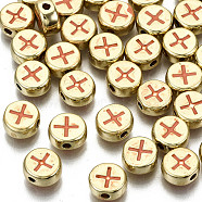 Alloy Enamel Beads, Cadmium Free & Lead Free, Flat Round with Cross, Light Gold, Coral, 8x4mm, Hole: 1.5mm(ENAM-S122-032-RS)