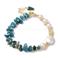 Natural Pearl & Apatite Chips Beaded Bracelets, with Brass Clasps, Real 14K Gold Plated, 6-7/8 inch(17.5cm)(BJEW-C051-16G)