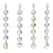 Christmas Glass Octagon Beads Hanging Suncatchers, Moon/Heart/Teardrop/Leaf Charms and 304 Stainless Steel S-Hook Clasps for Home Window Ornaments, Clear AB, 113~130mm, 4pcs/set(HJEW-JM02269)