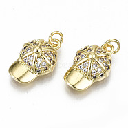 Brass Micro Pave Clear Cubic Zirconia Pendants, with Jump Rings, Nickel Free, Hat, Real 16K Gold Plated, 15.5x10x5.5mm, Jump Ring: 4x0.8mm, 2.4mm inner diameter(ZIRC-S067-180-NF)