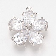 Brass Cubic Zirconia Pendants, Nickel Free, Real Platinum Plated, Flower, 20x18x5mm, Hole: 1mm(ZIRC-Q002-120P)