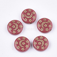 Plating Acrylic Beads, Metal Enlaced, Flat Round with Moon & Star, Crimson, 13x5mm, Hole: 1.5mm, about 895pcs/500g(PACR-T008-03B)