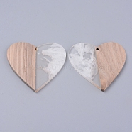 Resin & Wood Pendants, Two Tone, Heart, Seashell Color, 46x48x2~3mm, Hole: 2mm(RESI-R428-12B)