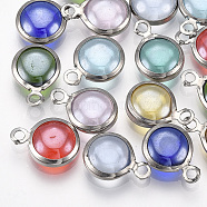 Handmade Lampwork Charms, with 304 Stainless Steel Findings, Flat Round, Stainless Steel Color, Mixed Color, 12x8.5~9x3~3.5mm, Hole: 1.5mm(STAS-T045-16B-P)