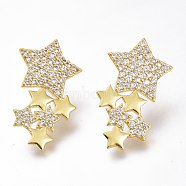 Brass Micro Pave Clear Cubic Zirconia Star Stud Earrings, with Plastic Ear Nuts, Long-Lasting Plated, Golden, 30x16.5mm, Pin: 0.8mm(ZIRC-I049-24G-01)