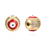 Brass Micro Pave Cubic Zirconia Beads, with Enamel, Real 18K Gold Plated, Round with Evil Eye, Nickel Free, Dark Red, 10mm, Hole: 2mm(KK-N227-88D)