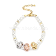 Rack Plating Brass Micro Pave Cubic Zirconia Charm Bracelets, with ABS Imitation Pearl Beads, Cadmium Free & Lead Free, Long-Lasting Plated, Skull, Real 18K Gold Plated, 7-1/8 inch(18cm)(BJEW-P341-12G-01)